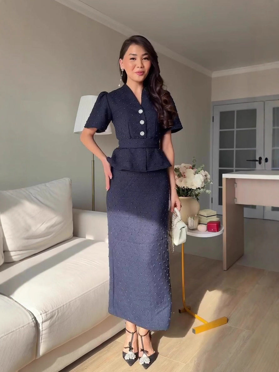 navy blue short-sleeved long skirt suit dress