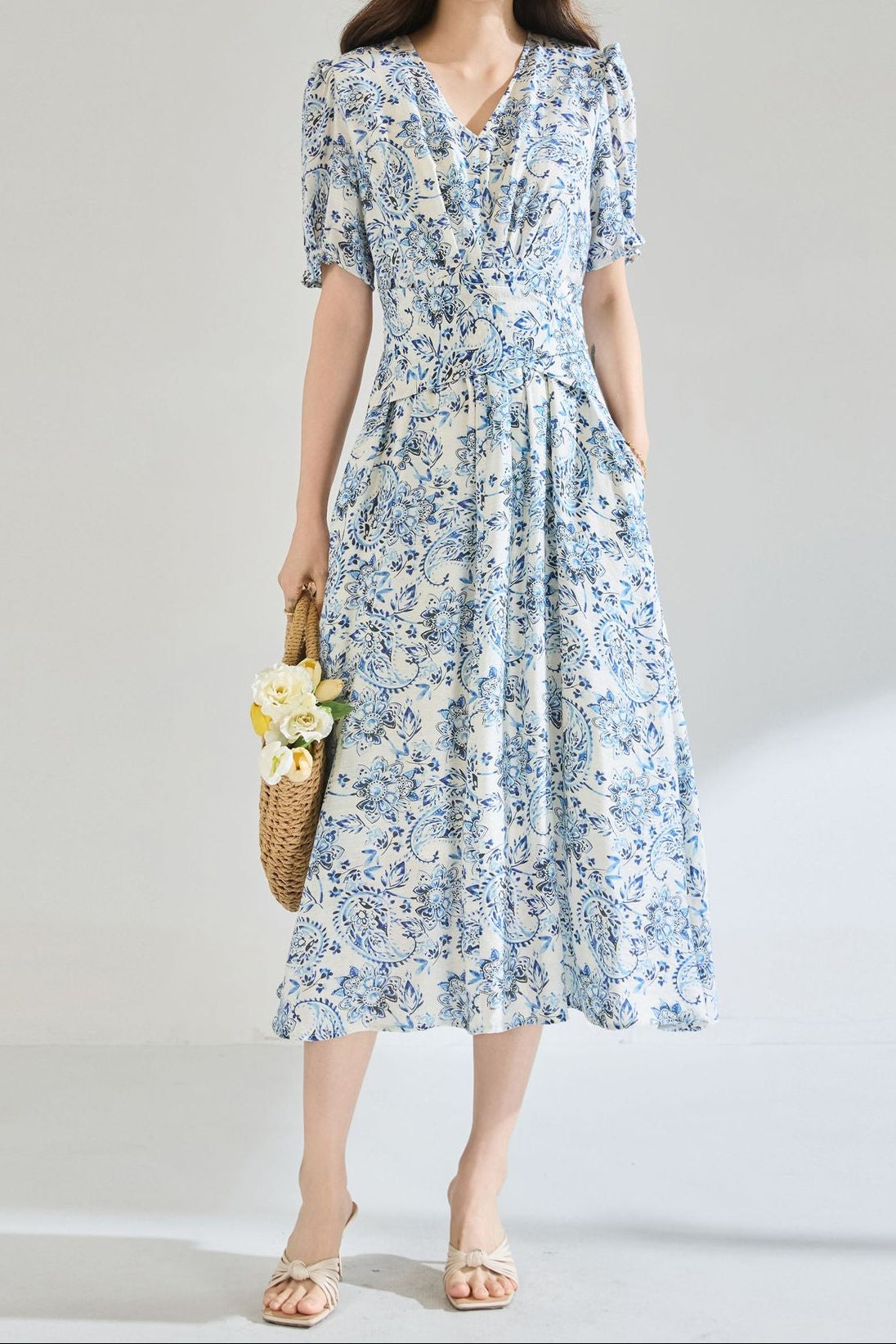 Linen blue floral print midi dress