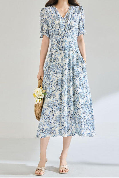 Linen blue floral print midi dress