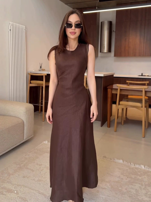 brown hollow-out lace long-sleeve dress