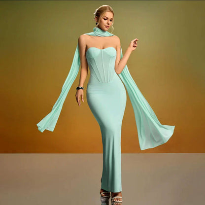 green strapless backless  fishbone dress