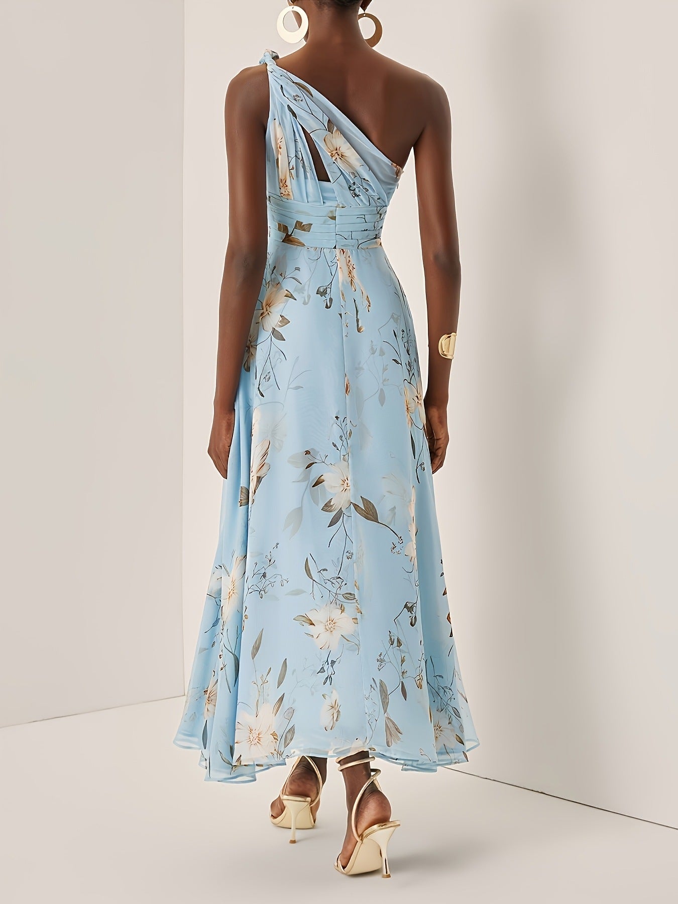 One-shoulder floral print chiffon maxi dress - blue