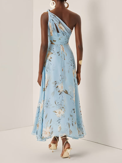 One-shoulder floral print chiffon maxi dress - blue