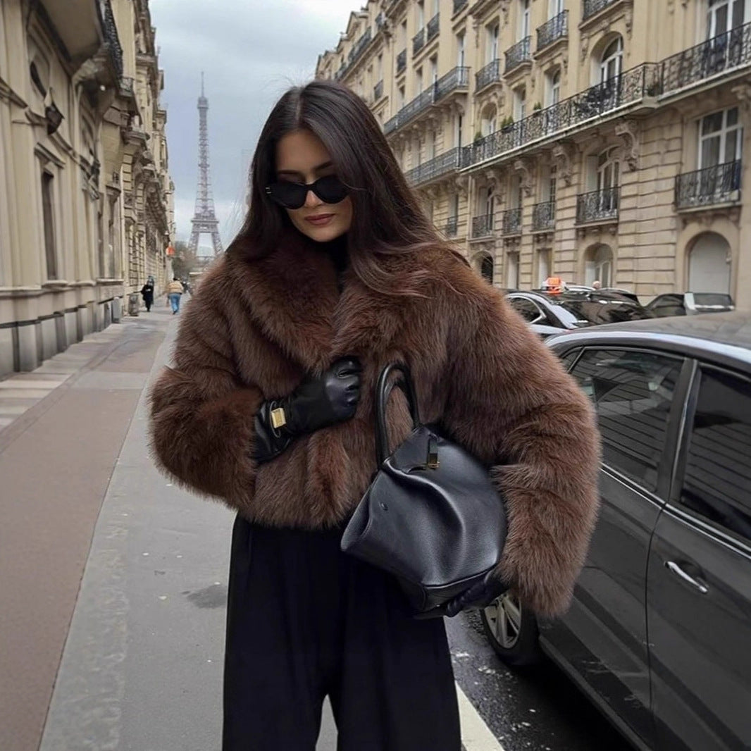 imitation fox fur cropped fur coats with artificial large fur collars