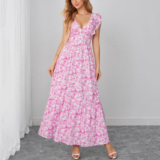 pink printed spaghetti strap V-neck backless tie-up dress