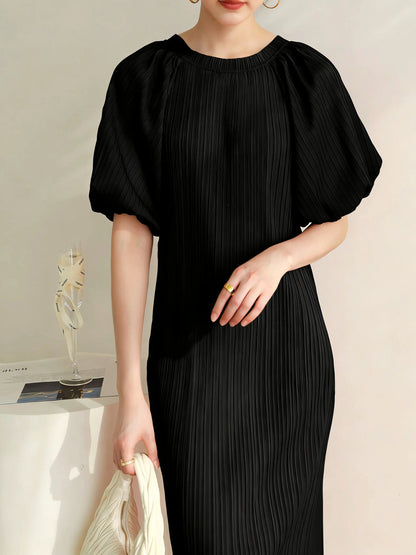 Pleated pastoral style bubble short-sleeved midi dress
