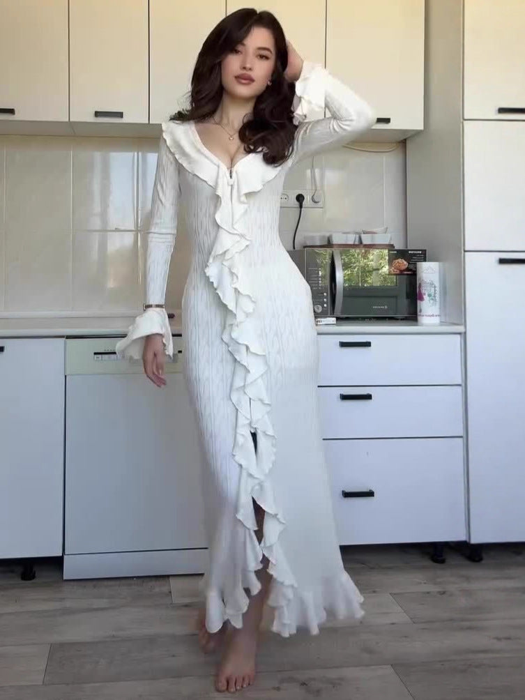 queena white long-sleeved maxi dress