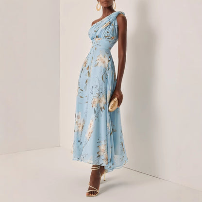 One-shoulder floral print chiffon maxi dress - blue