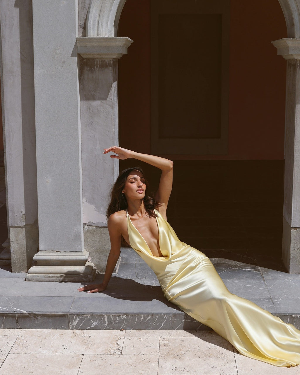 kate Satin slip maxi dress in yellow