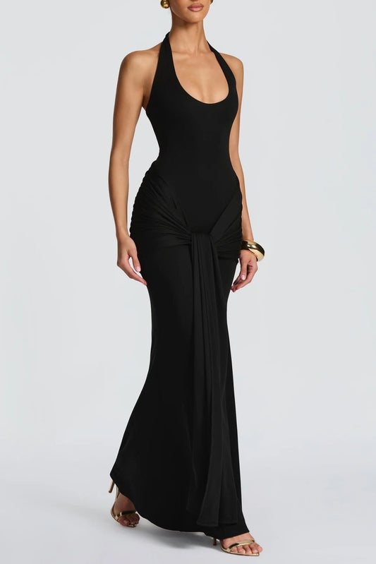 black streamer splicing suspender halterneck dress
