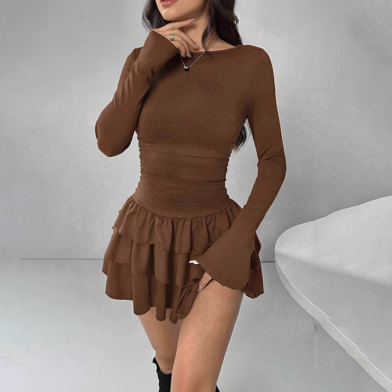 brown long-sleeved mini dress