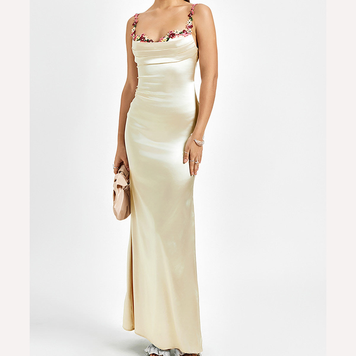 apricot embroidery lace satin maxi dress