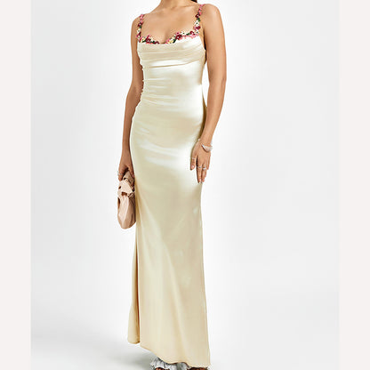 apricot embroidery lace satin maxi dress