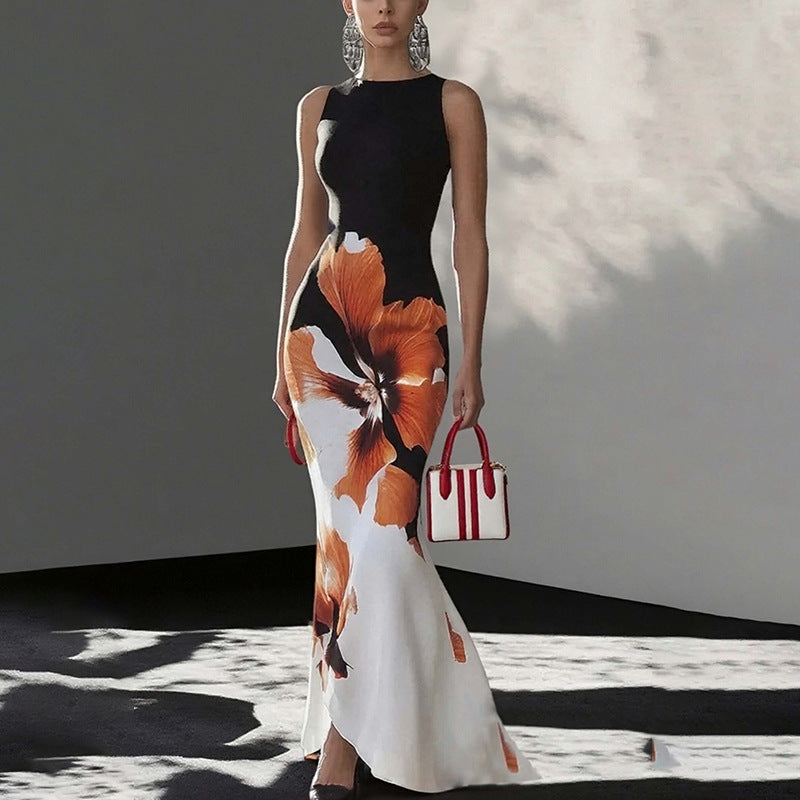 black floral print slim hip wrapping dress