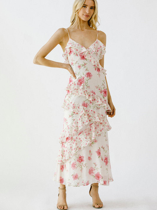 white floral ruffled slip dress