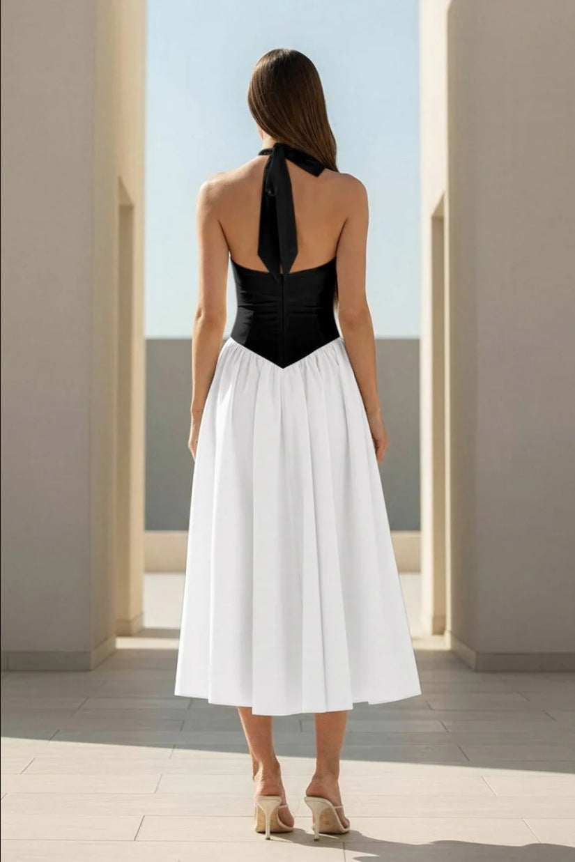 black and white Halter Strappy Backless midi Dress