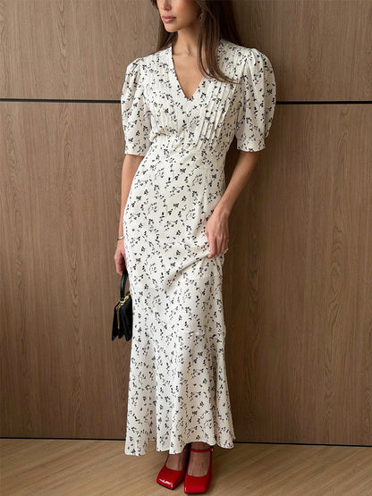 white floral print V-neck maxi dress