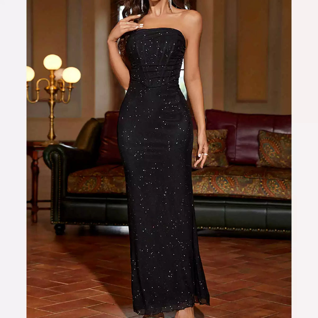 black Mesh sequined strapless dress