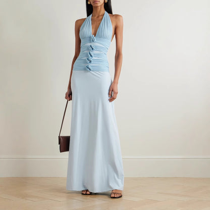 blue Floral backless halter neck tie maxi dress