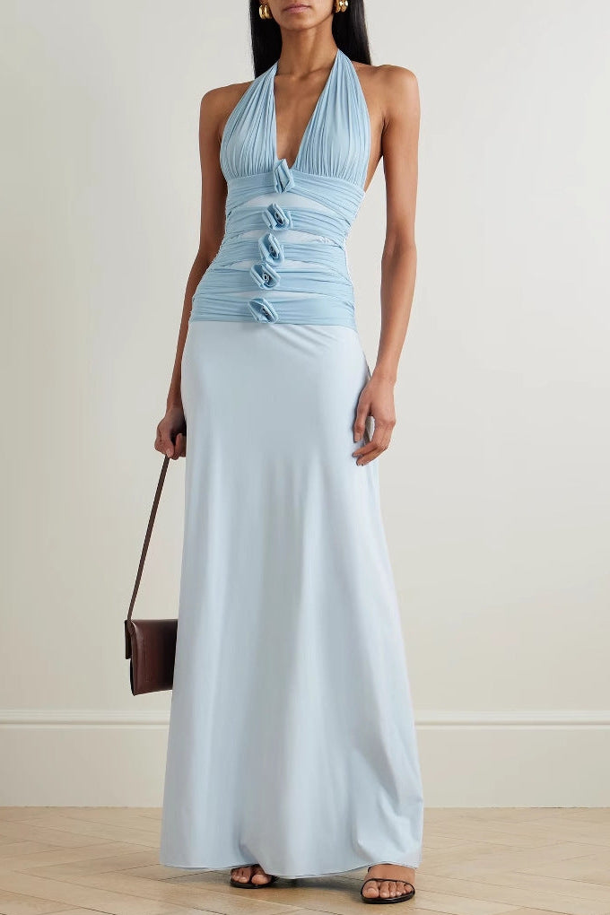 blue Floral backless halter neck tie maxi dress
