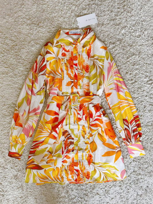 plant floral organ pleated shell button shirt dress