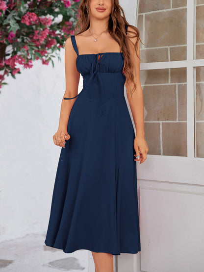 dark blue herringbone slip slit backless chest tie long dress