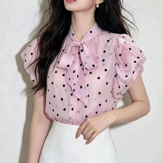 3D bow-tie puff sleeve polka dot sheer shirt