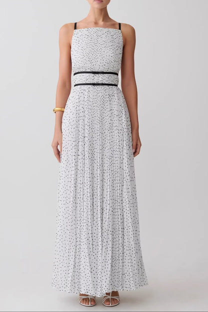 polka dot pleated cinched backless slip dress