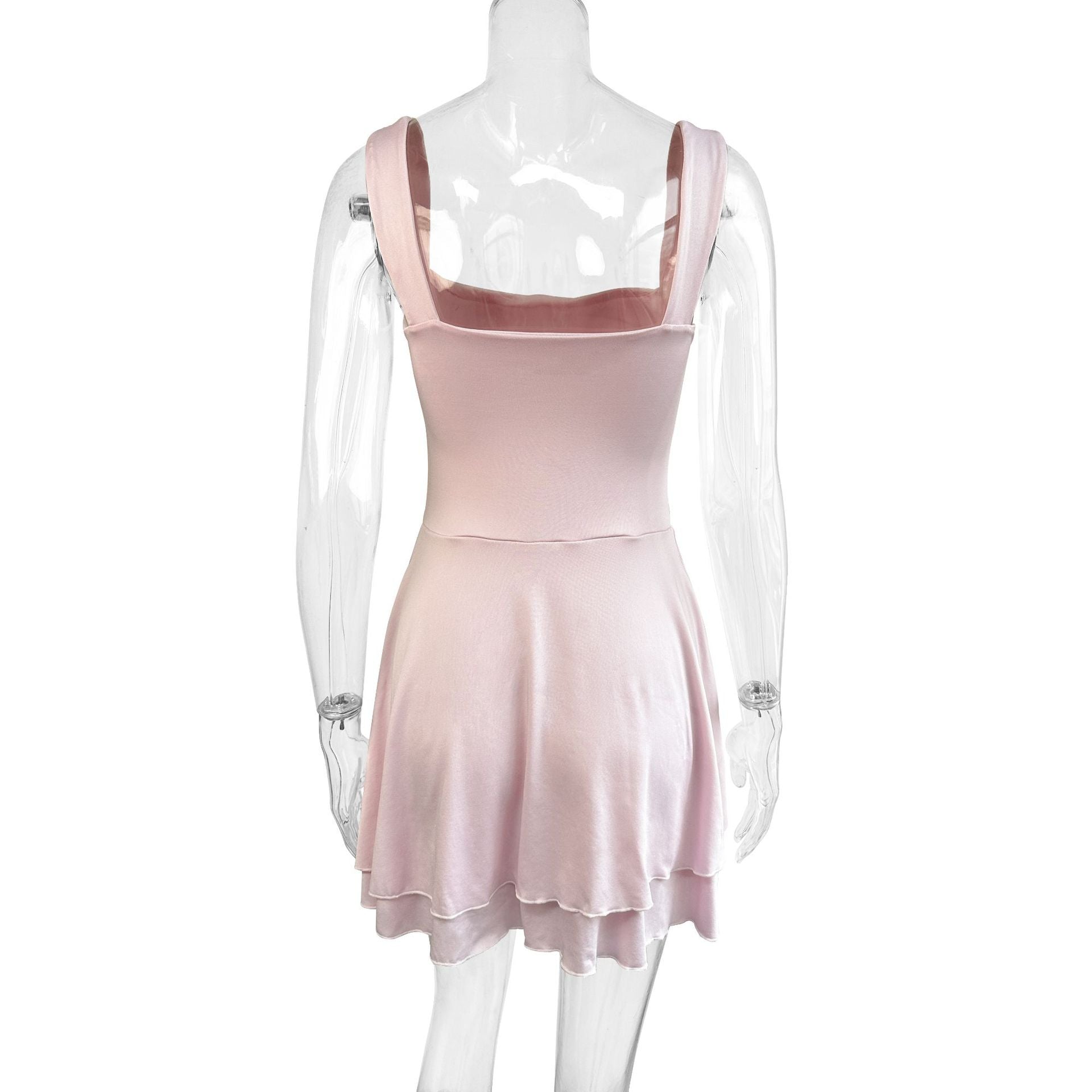 pink Square neck sleeveless suspender mini dress