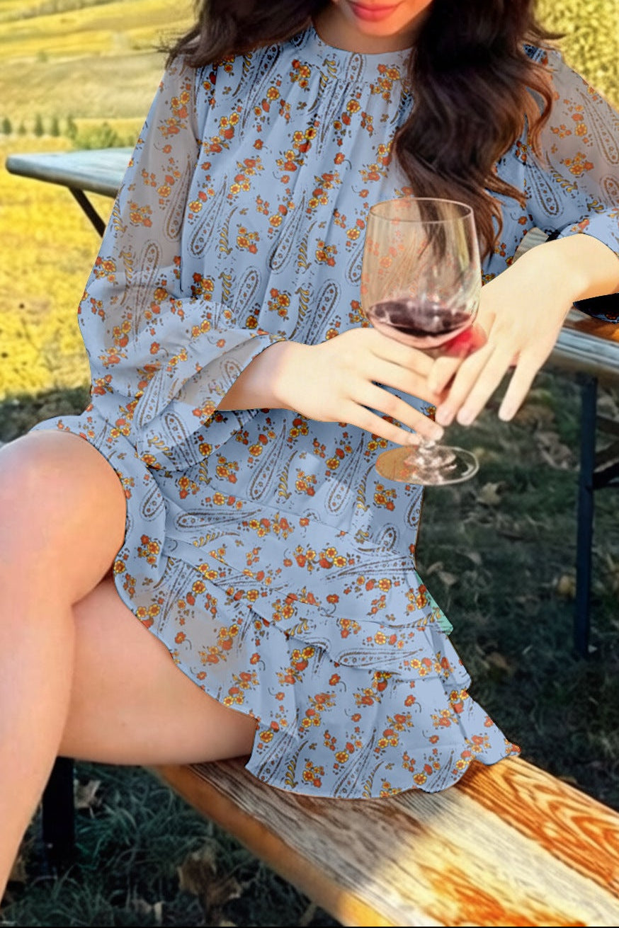 Layered turtleneck long-sleeved floral print mini dress