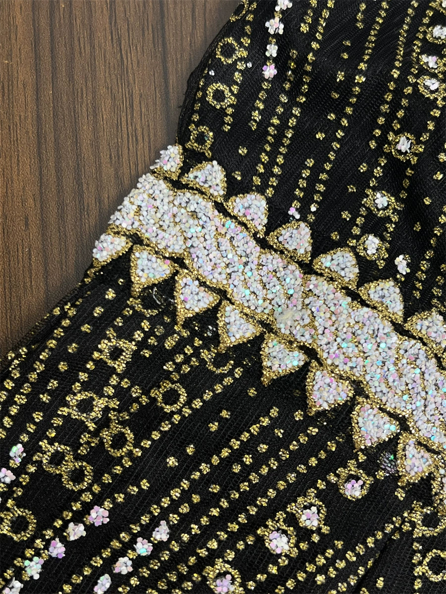 black sequins flower deep V backless mini dress