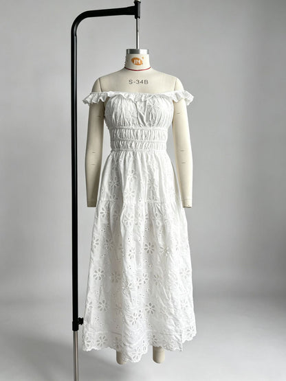 Ruffled square neck embroidered backless slit maxi dress - white