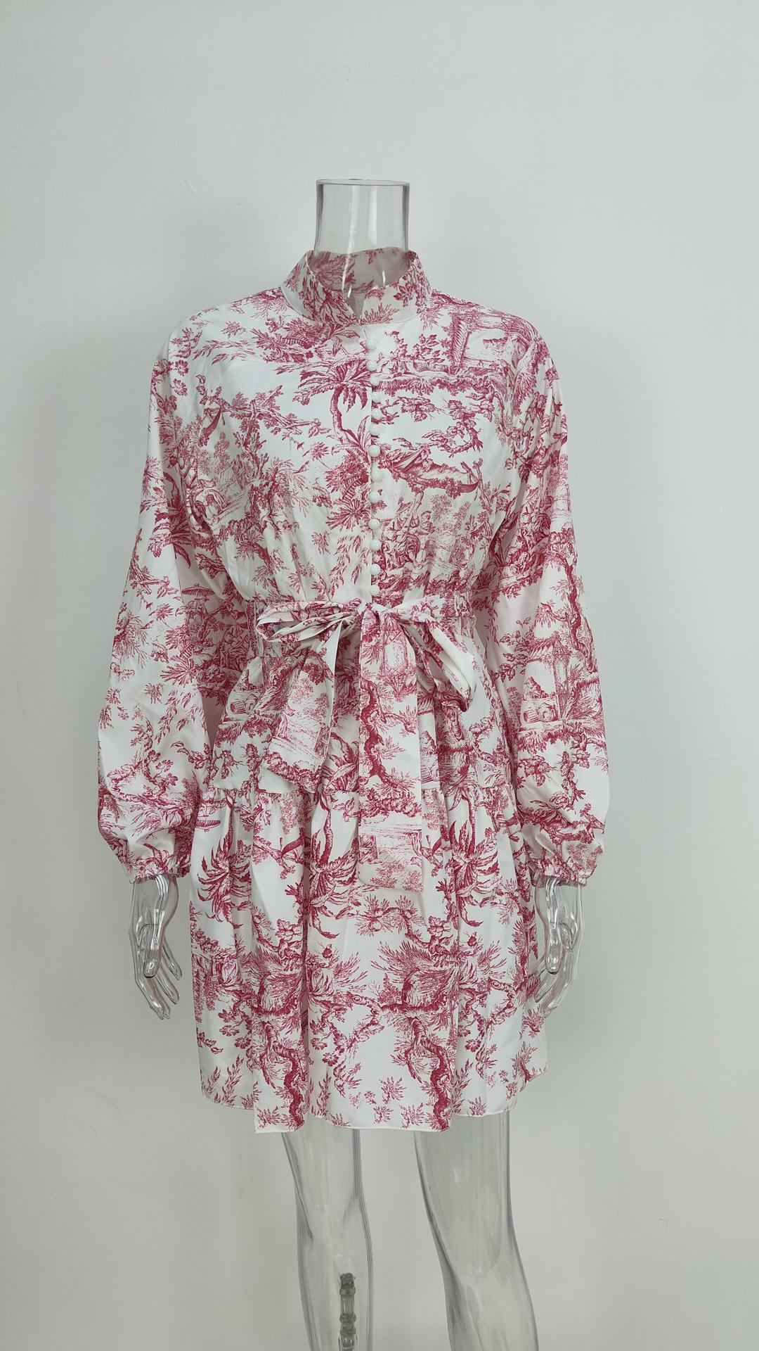 long sleeve printed waist strap dress