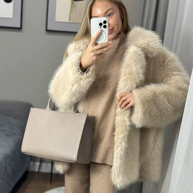 imitation fox fur coat in winter