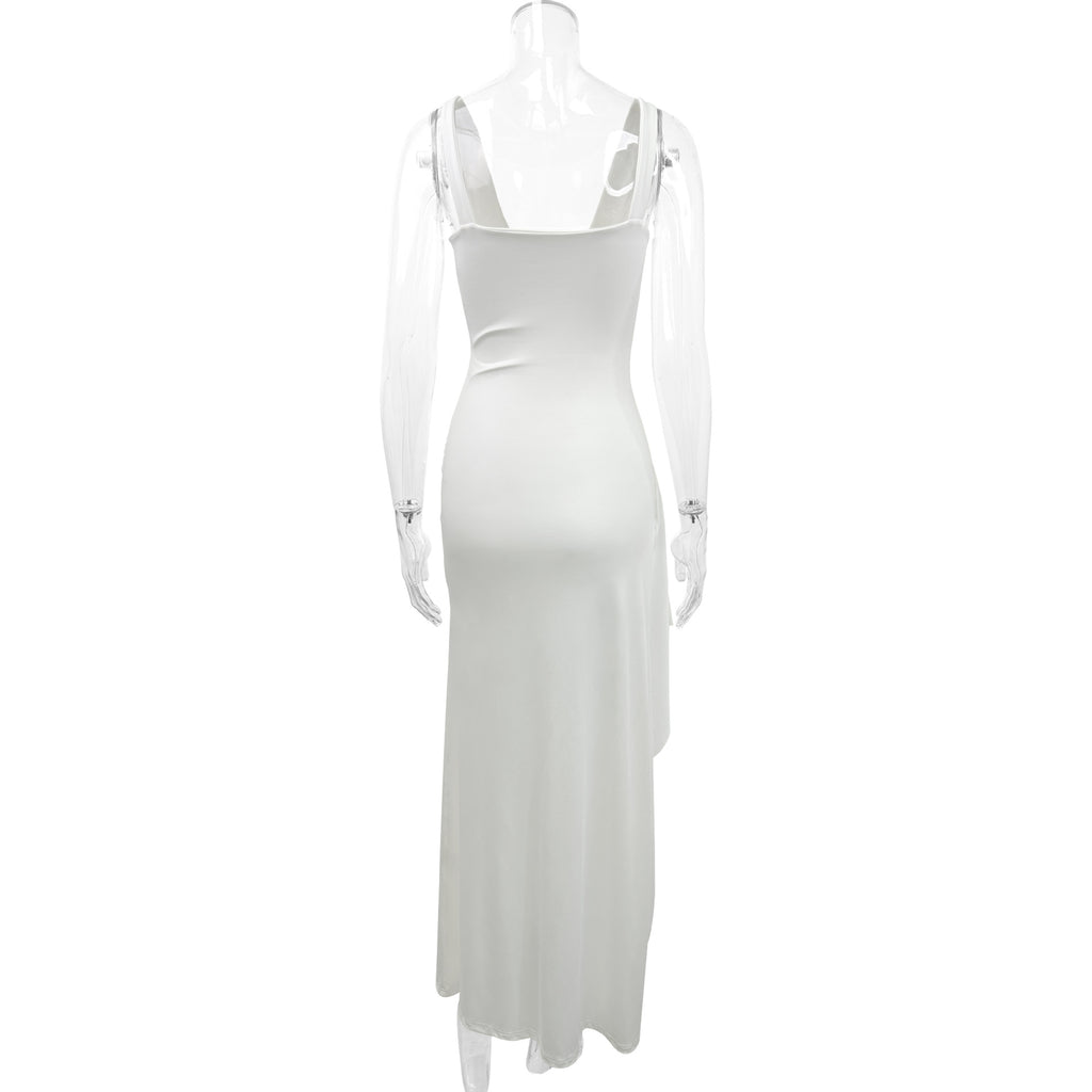 white High-slit deep V-neck slip dress