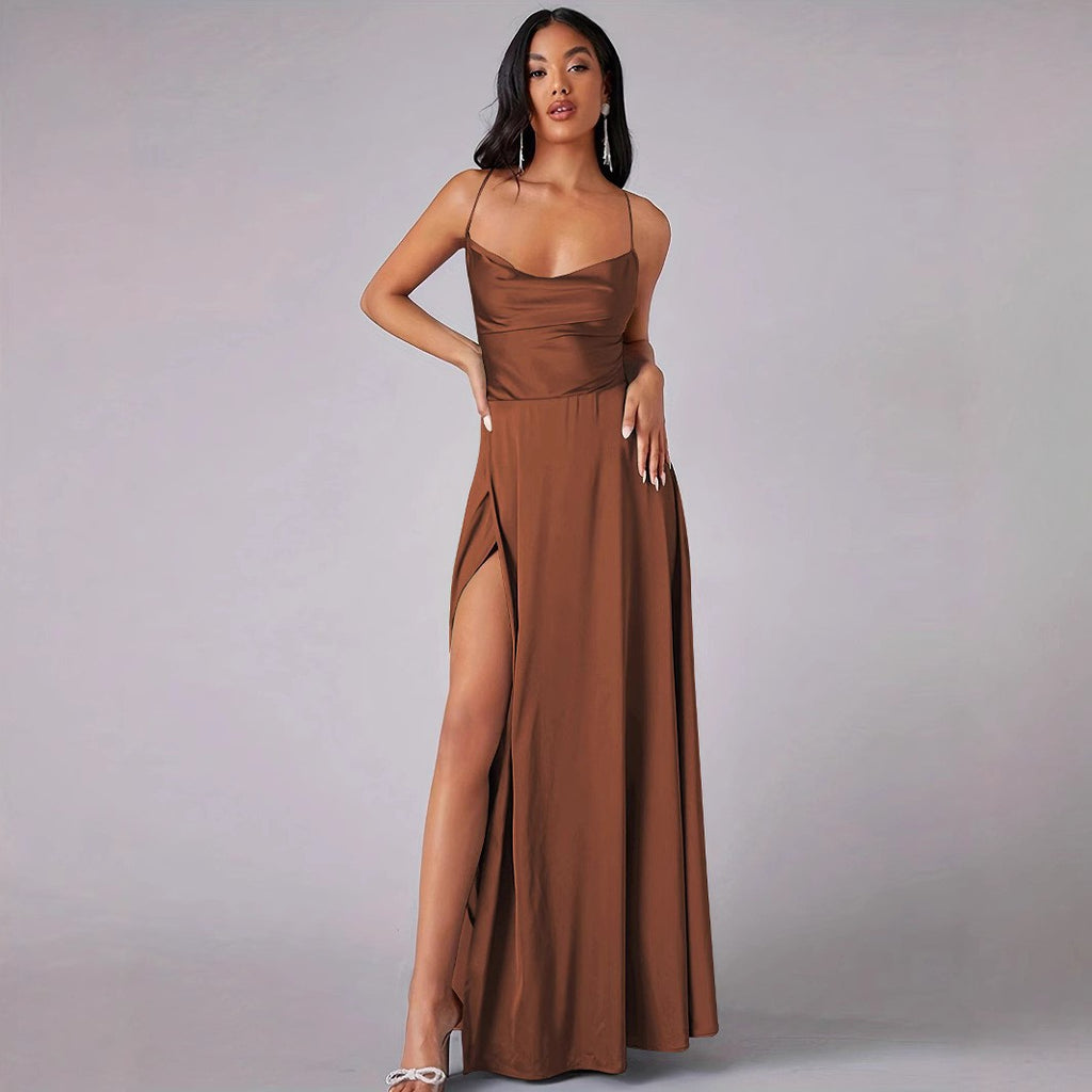 brown Slit-front fitted backless slip dress