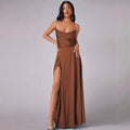 brown Slit-front fitted backless slip dress