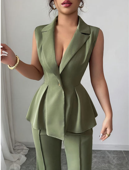 green Deep V-neck Sleeveless Pleated Top with Wide-Leg Pants Set