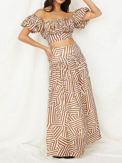 Off Shoulder Puff Sleeve Striped Crop Top & Tiered Maxi Skirt Set