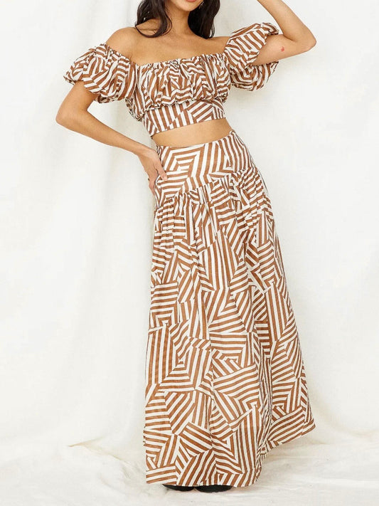 Off Shoulder Puff Sleeve Striped Crop Top & Tiered Maxi Skirt Set