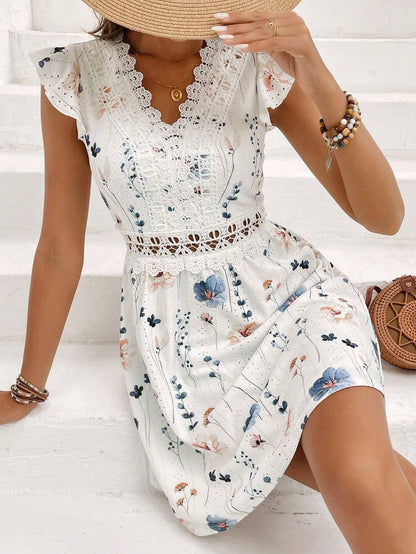 Printed V-neck lace trim mini dress