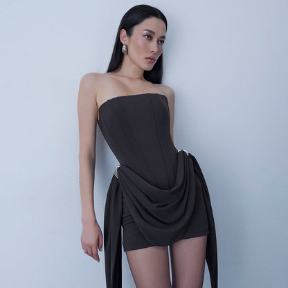 black open back bandeau streamer mini dress