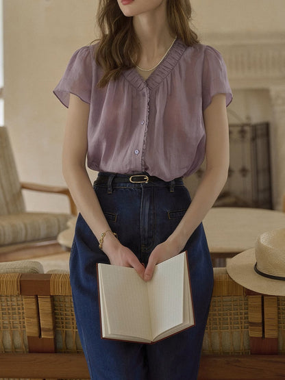 purple short-sleeve V-neck shirt
