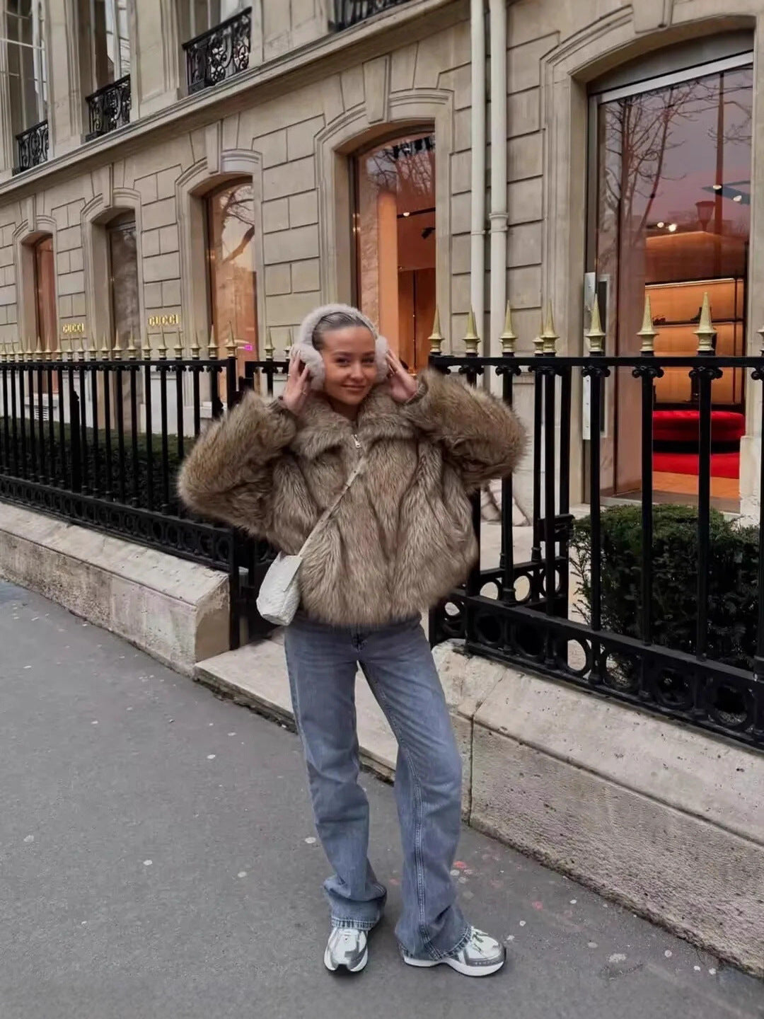 warm imitation fur jacket in Light yellow