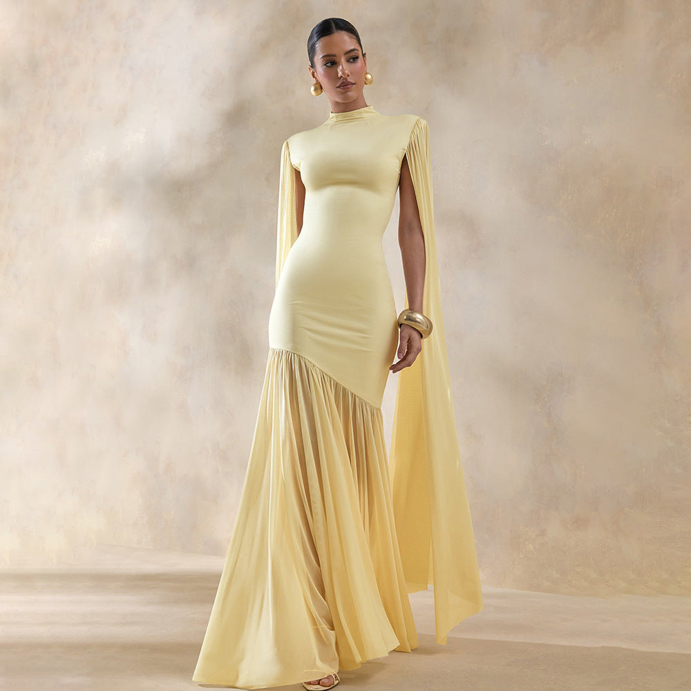 yellow mesh streamer maxi dress