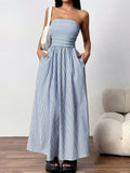 blue bandeau pocket long  dress