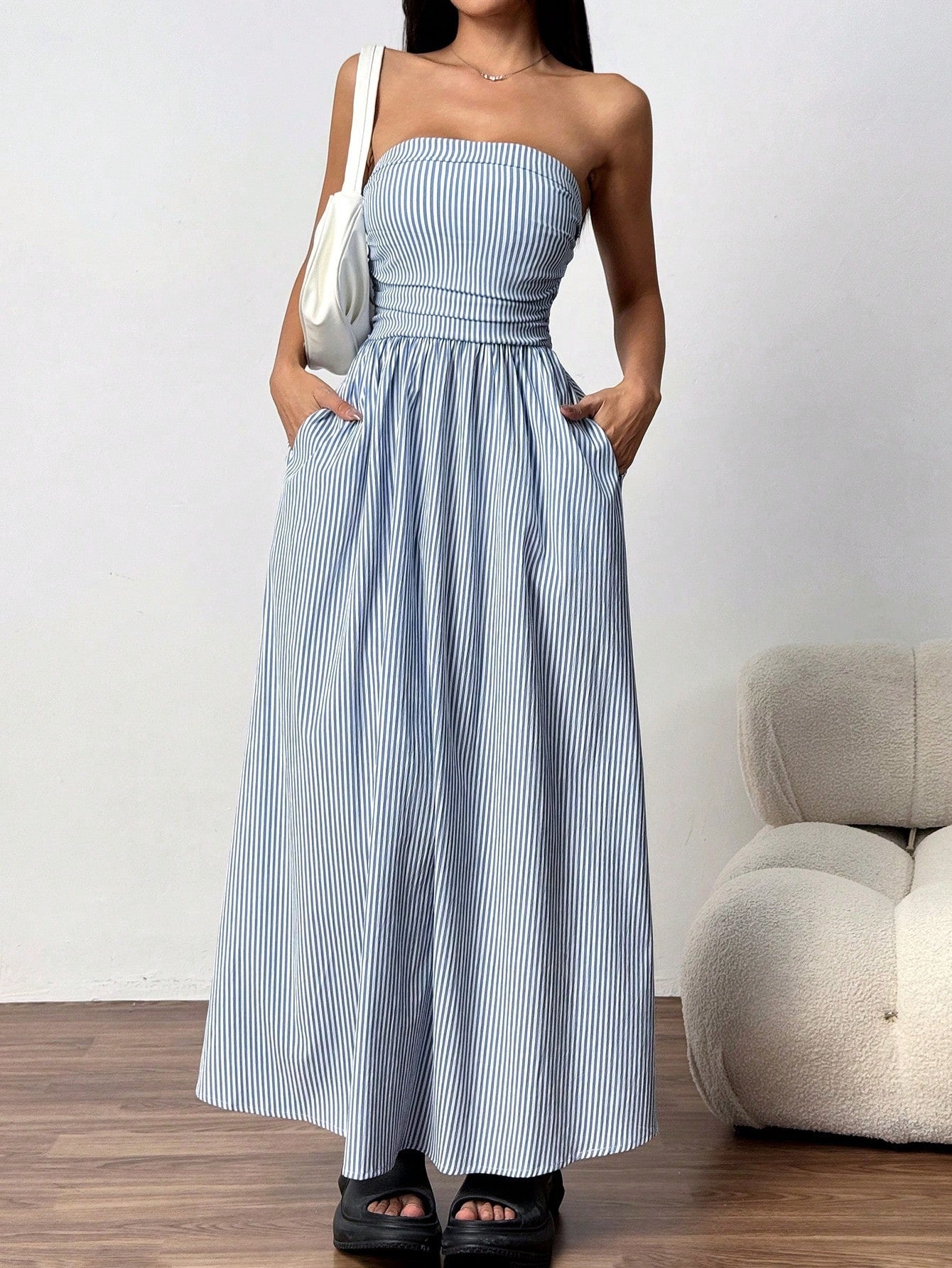 blue bandeau pocket long  dress