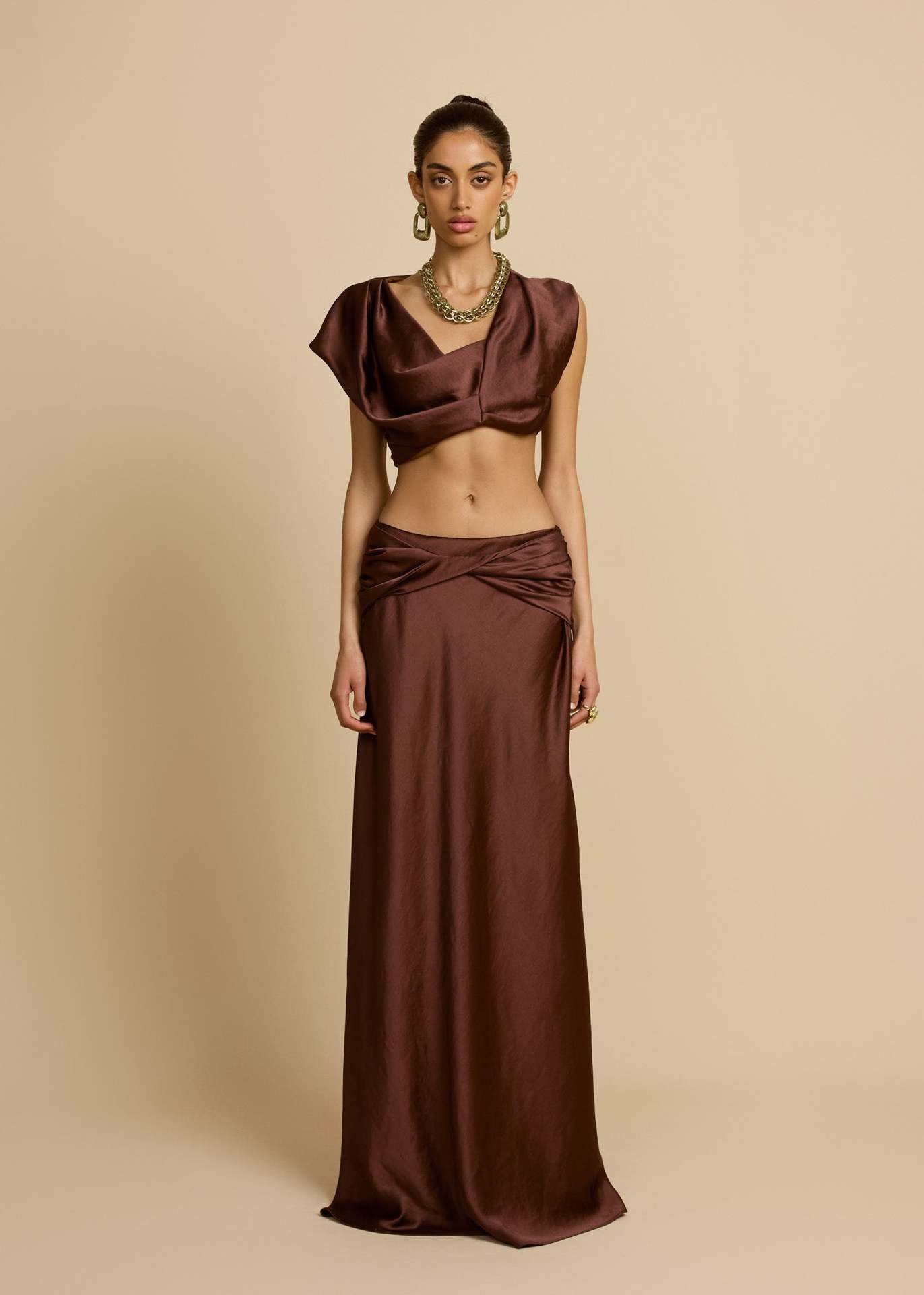 brown pleated geometric splicing shape bandeau skirt suit