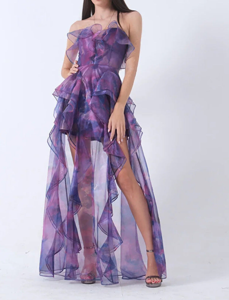 purple chiffon bandeau print dress