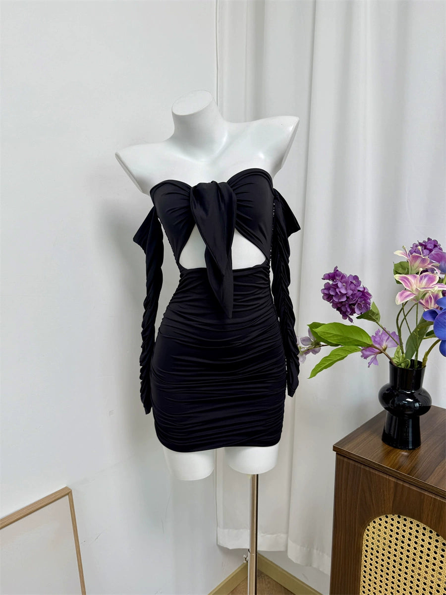 black off-the-shoulder mini dress